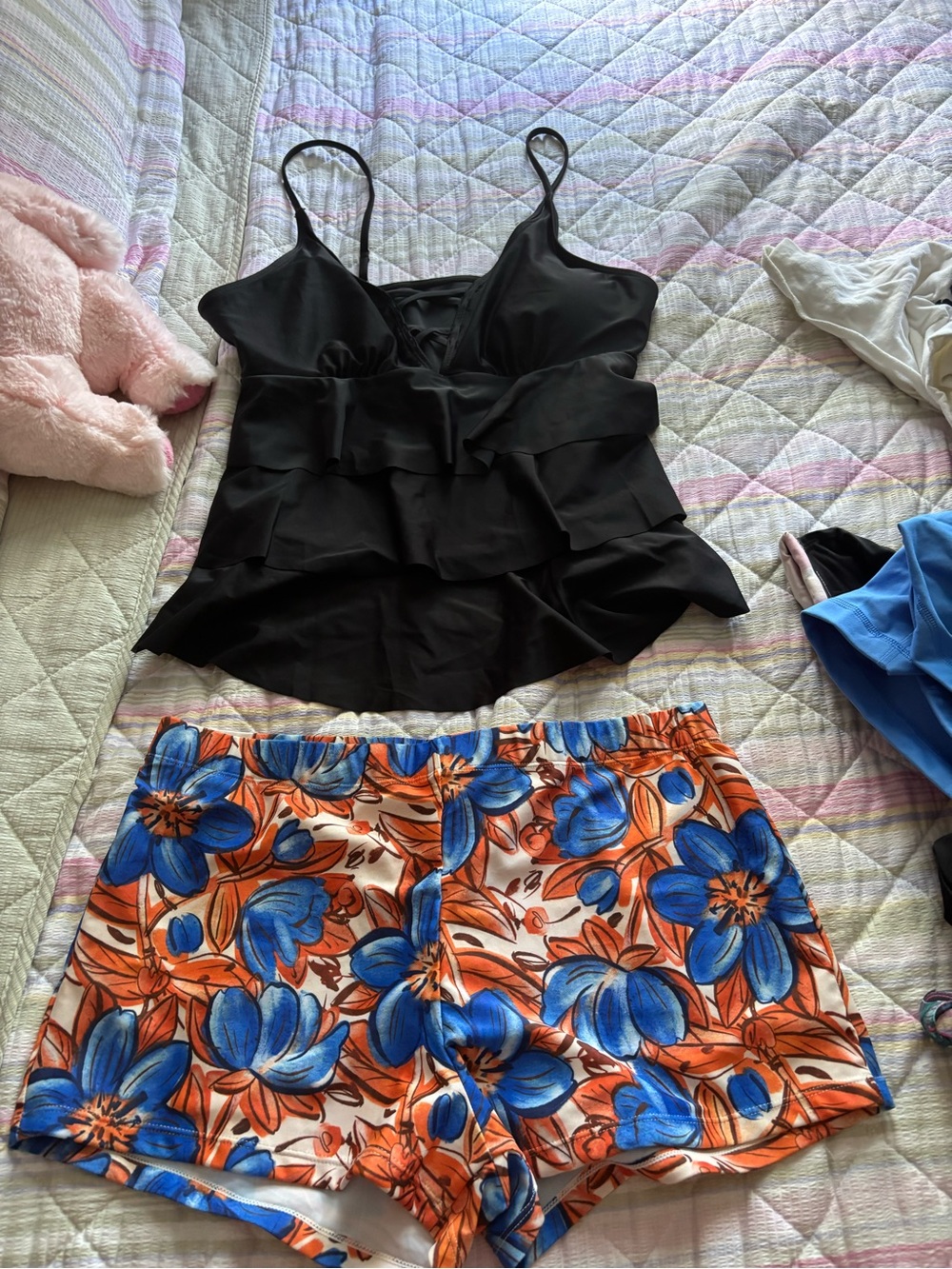 Women’s Black Ruffle Tankini Top and Blue Orange Floral Swim Shorts Set